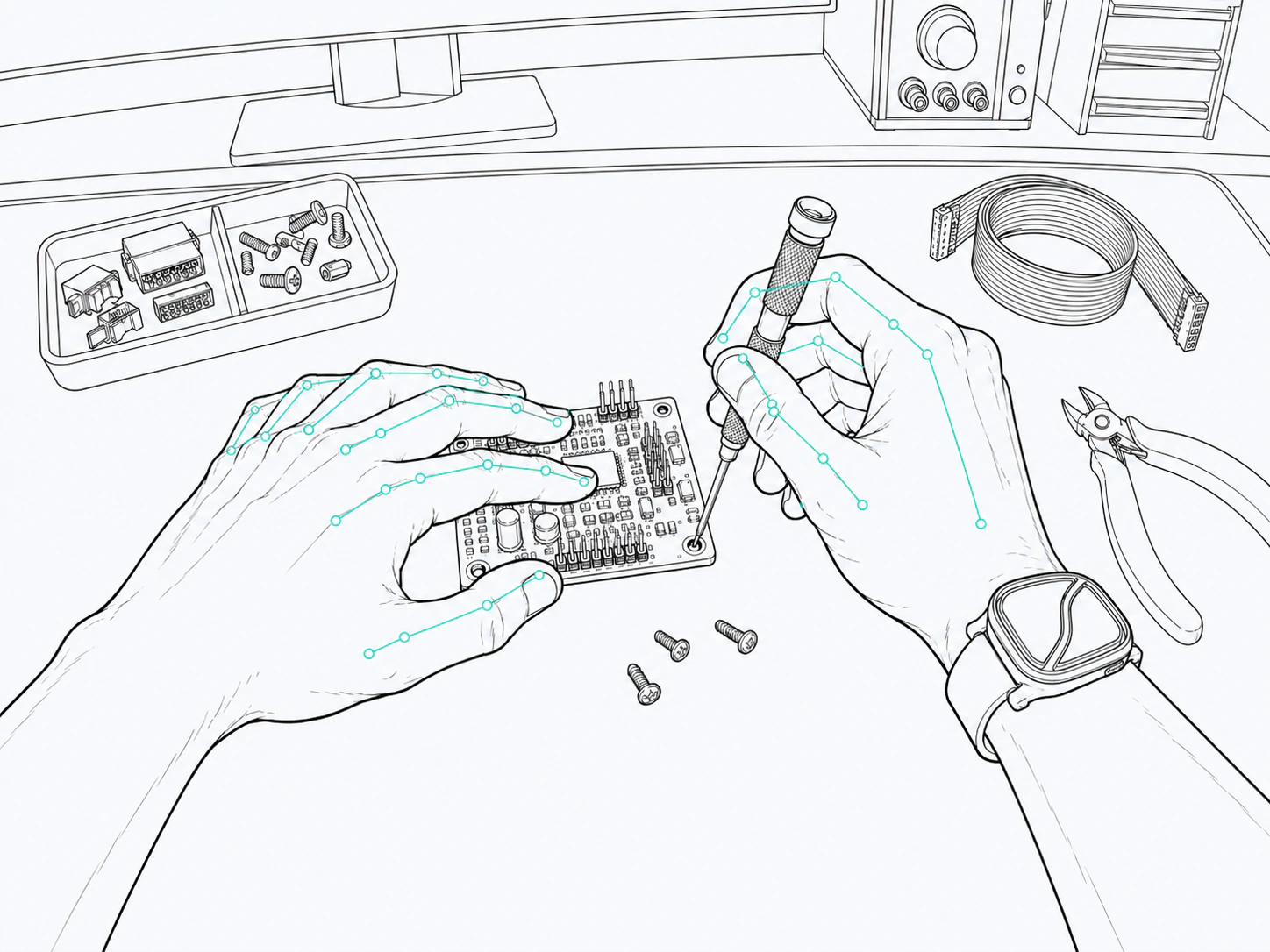 Illustration of hands assembling electronics with tracked hand landmarks